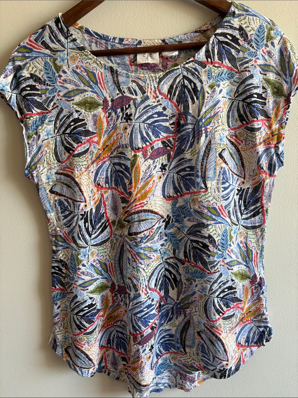C&C California 100% Linen Tropical Leaf Print Top Medium